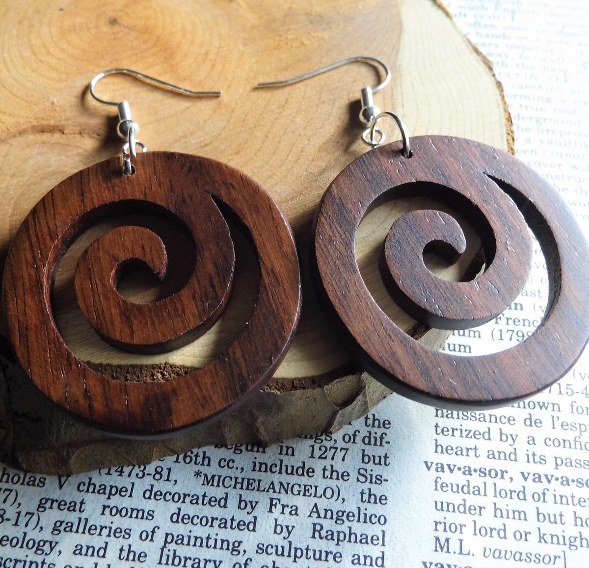 Wooden Dangle Drop Spiral Circle Earrings Silver