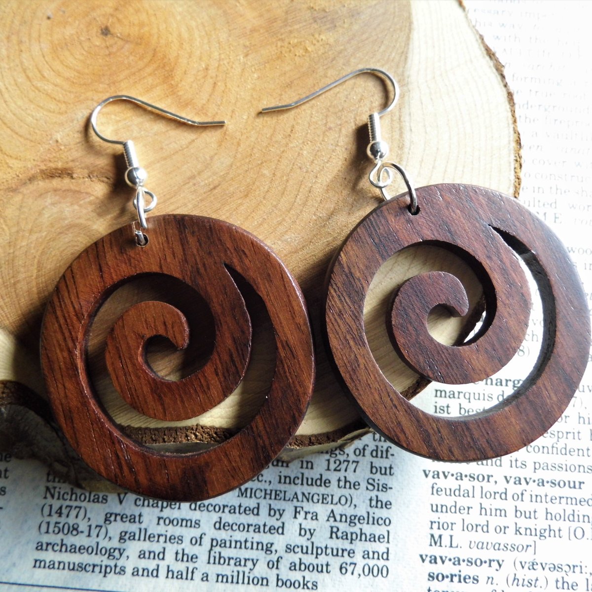 Wooden Dangle Drop Spiral Circle Earrings Silver