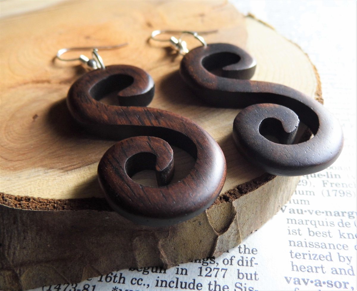 Wooden Dangle Drop Spiral Earrings Silver