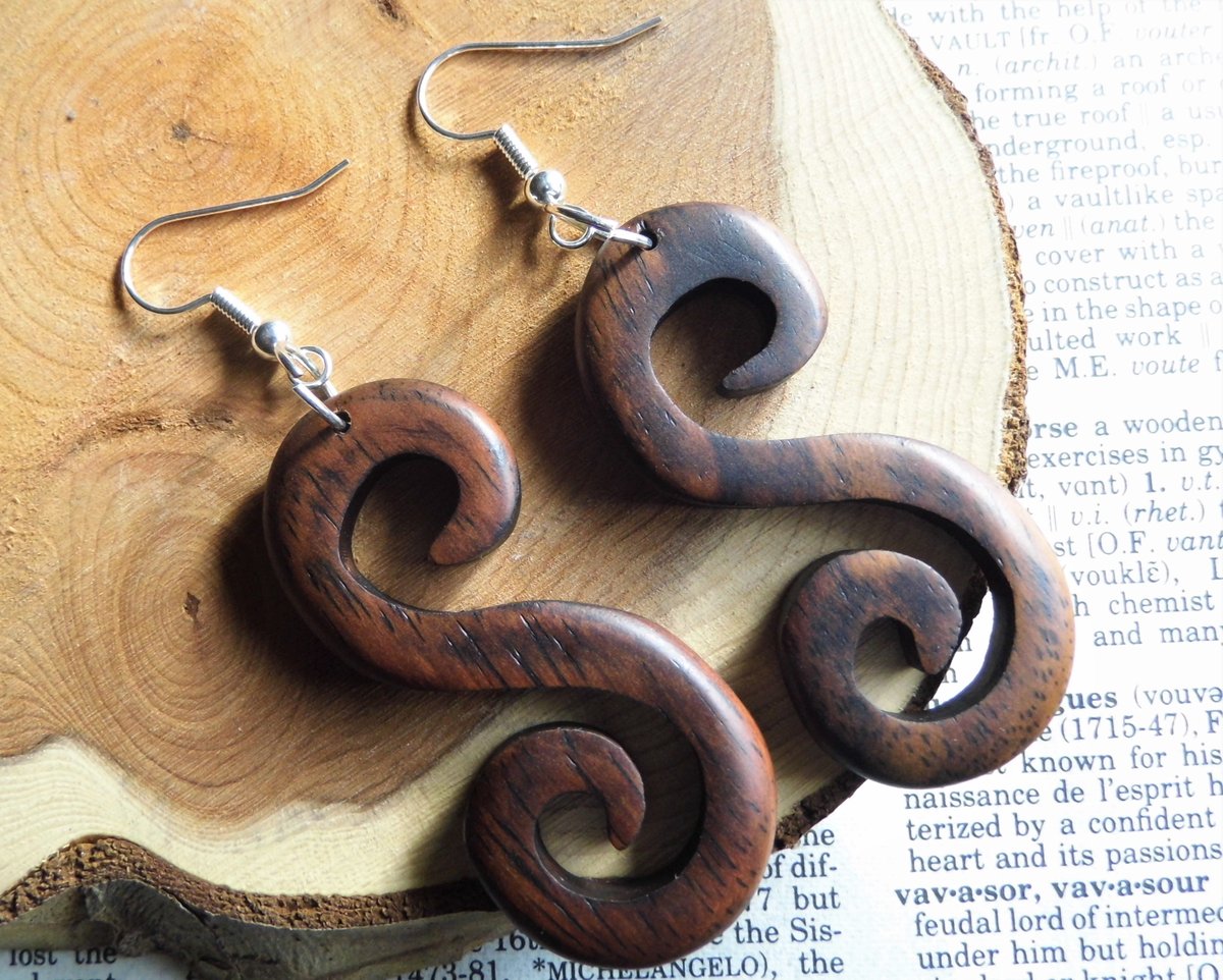 Wooden Dangle Drop Spiral Earrings Silver