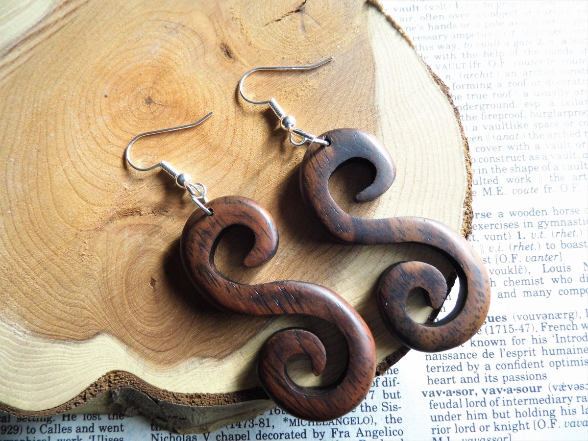 Wooden Dangle Drop Spiral Earrings Silver