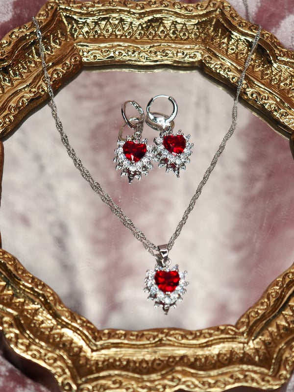 Image of Ruby Red Crystal Heart Earrings & Necklace 