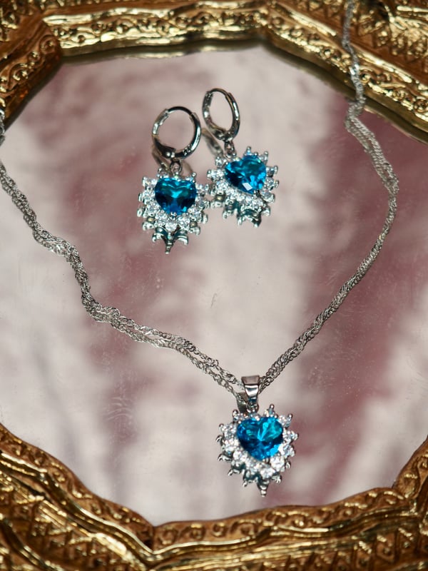 Image of Aqua Crystal Heart Earrings & Necklace
