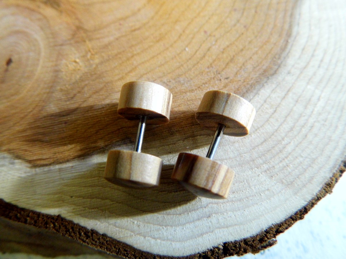 Olive Wood Studs Earrings Faux Plugs