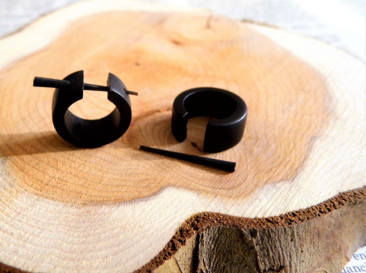 Black Wooden Huggies Hoops Earrings