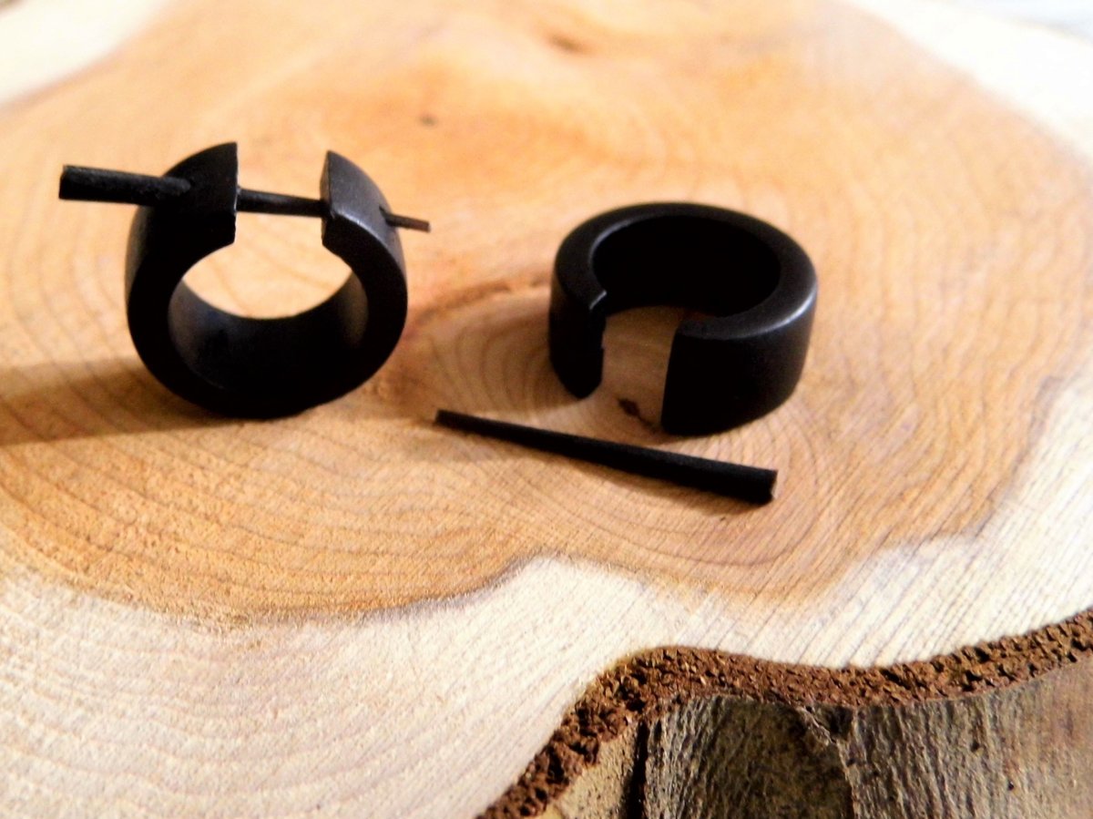Black Wooden Huggies Hoops Earrings