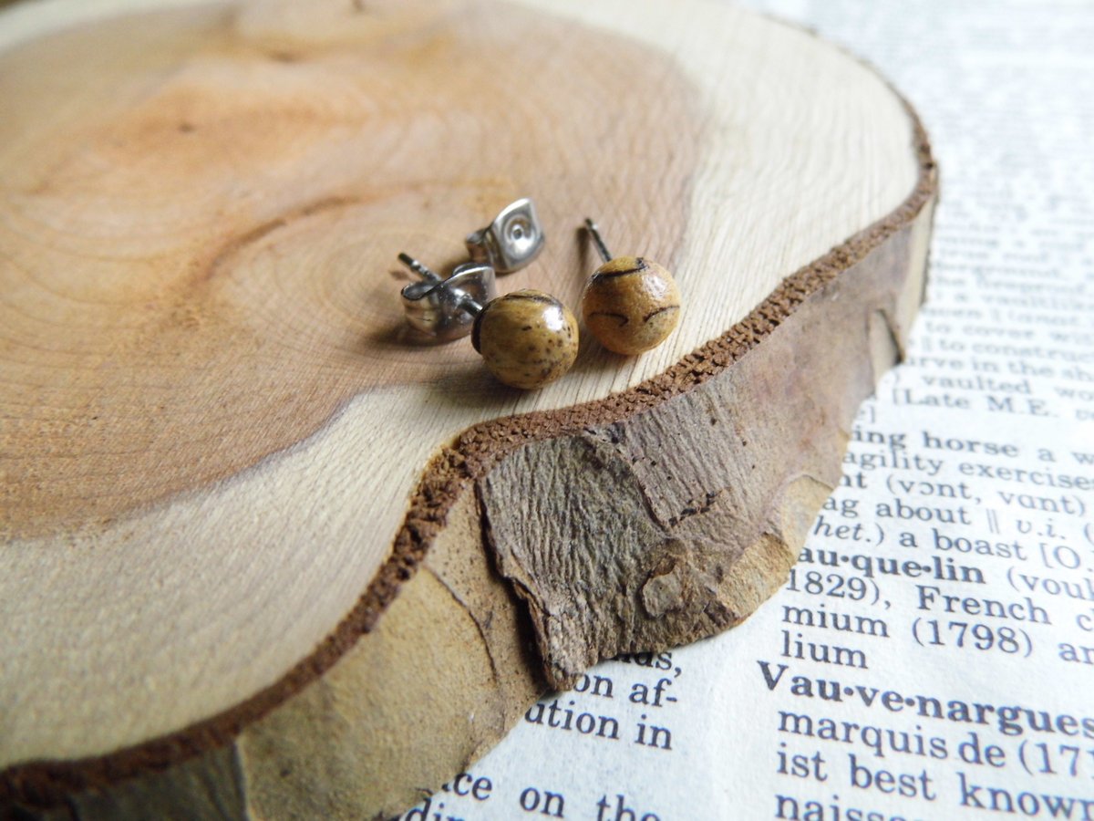 White Zebra Wood Stud Round Earrings