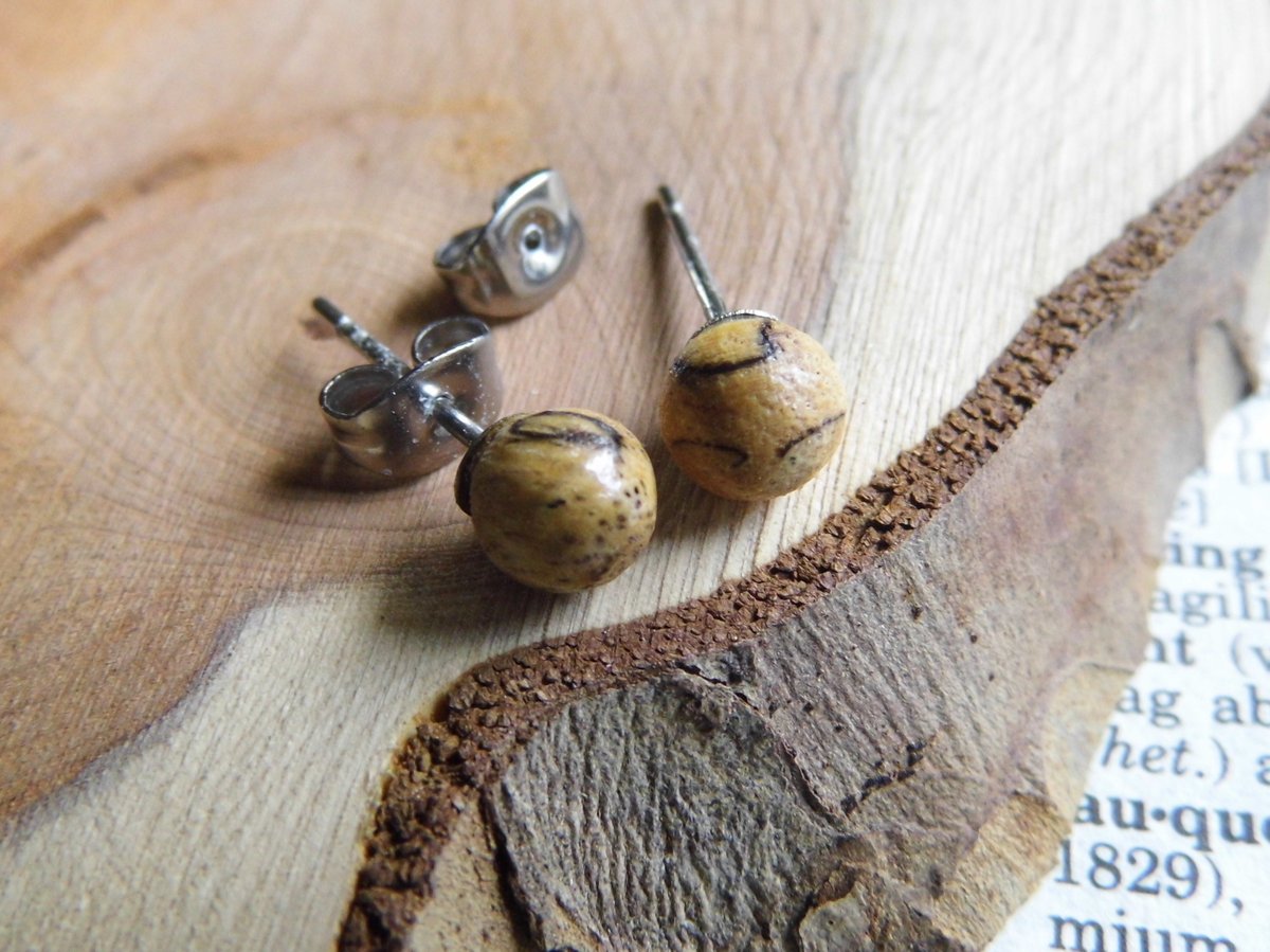 White Zebra Wood Stud Round Earrings