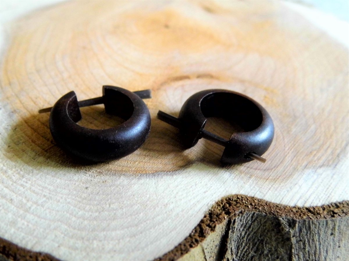 Wood Earrings Hoops Huggies Small Brown