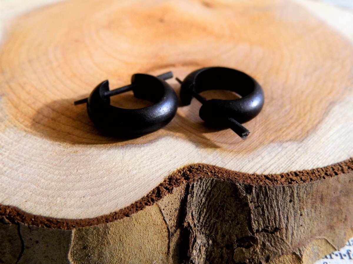 Black Wooden Huggies Earrings Hoops