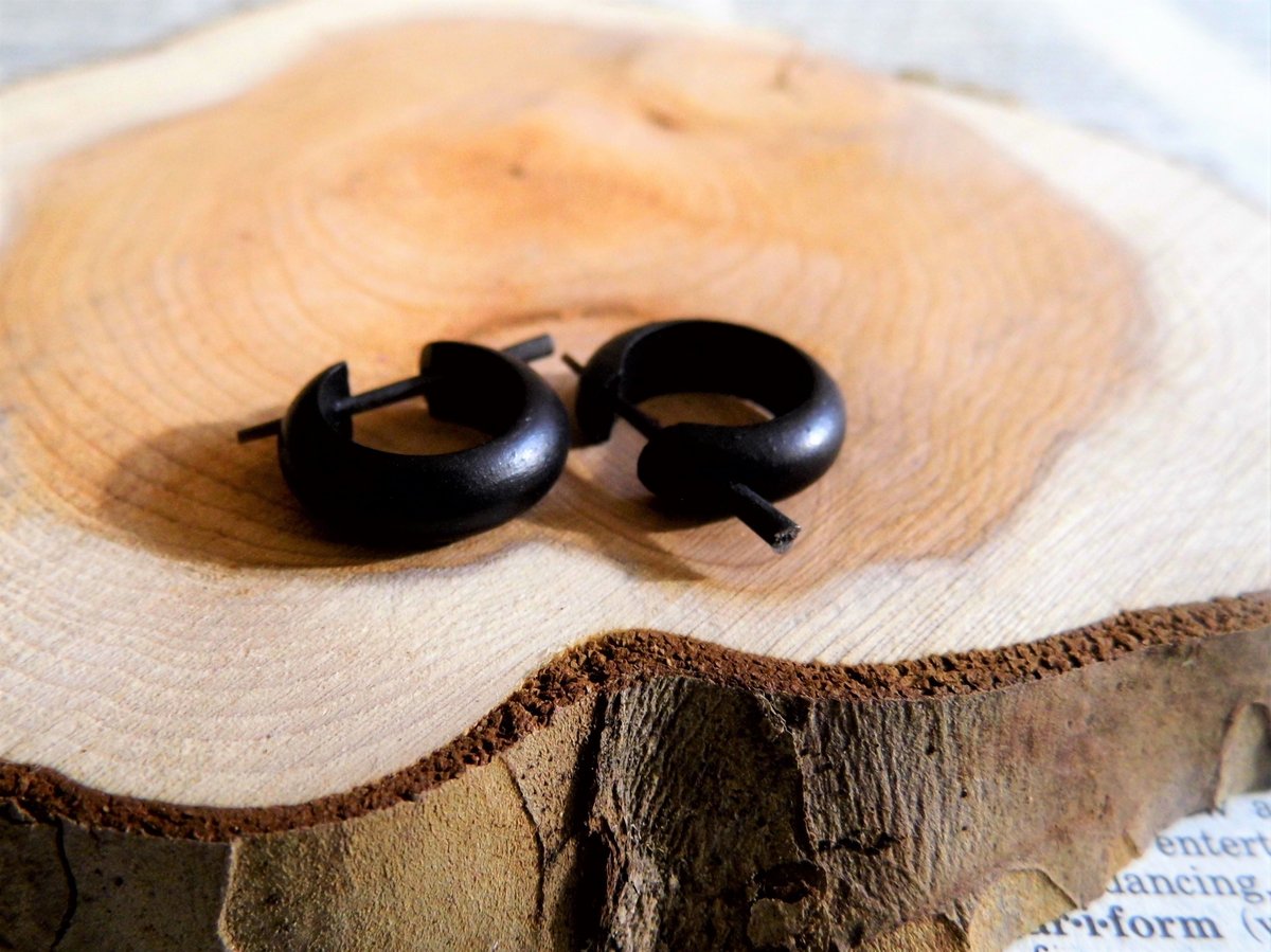 Black Wooden Huggies Earrings Hoops