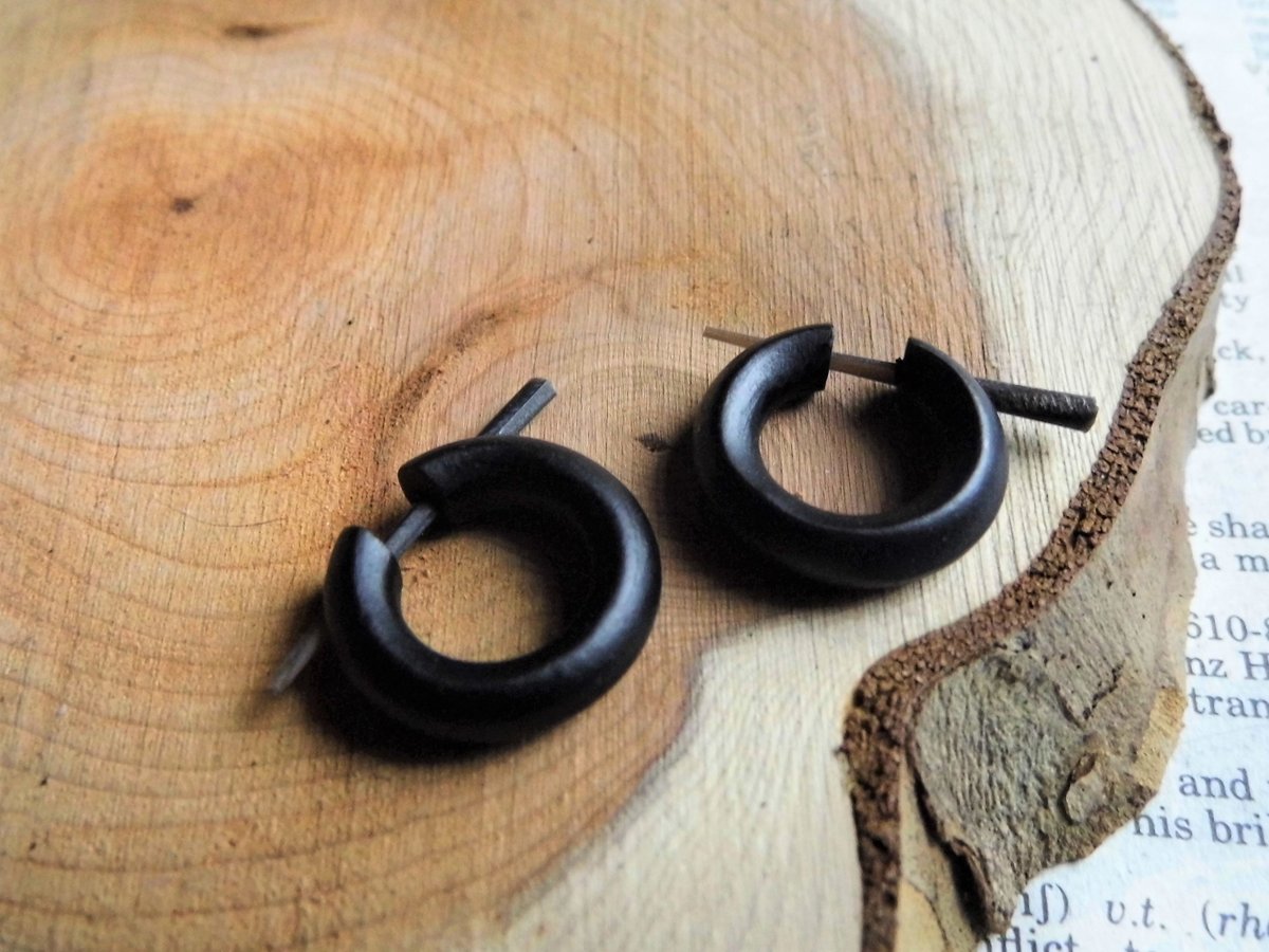 Black Wooden Hoops Huggies Earrings Sleeper