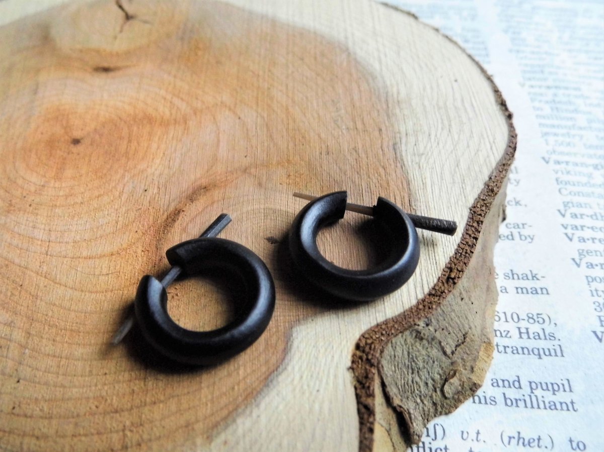 Black Wooden Hoops Huggies Earrings Sleeper