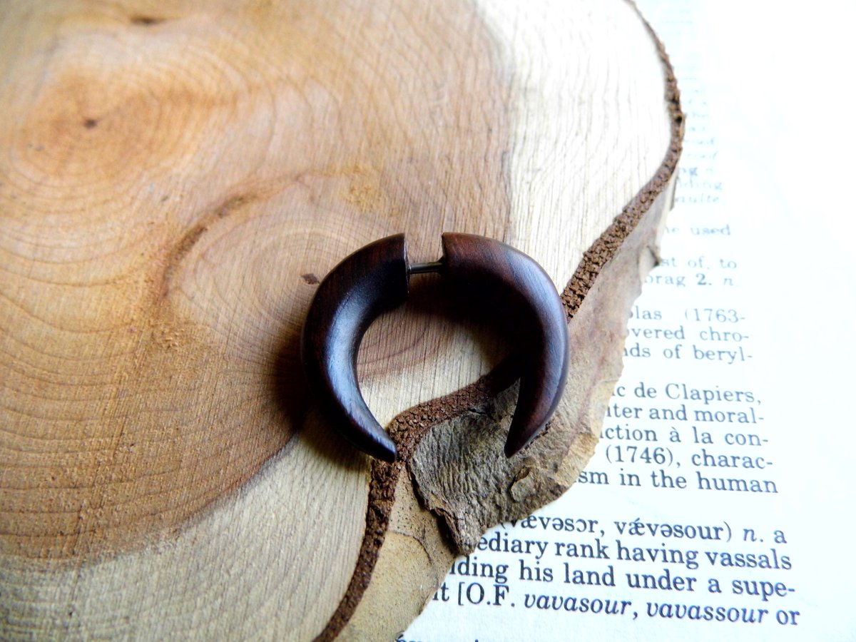 Crescent Moon Tribal Wood Earring Faux Plug