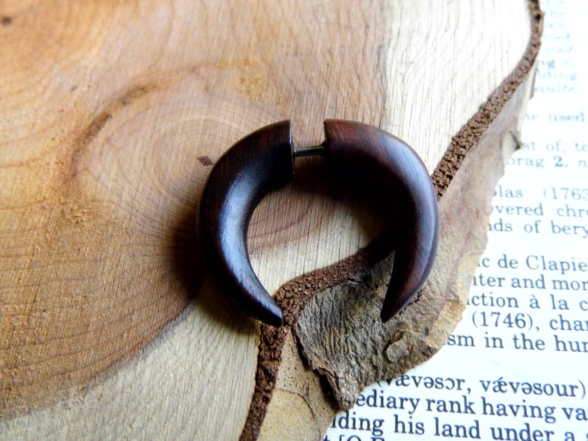 Crescent Moon Tribal Wood Earring Faux Plug