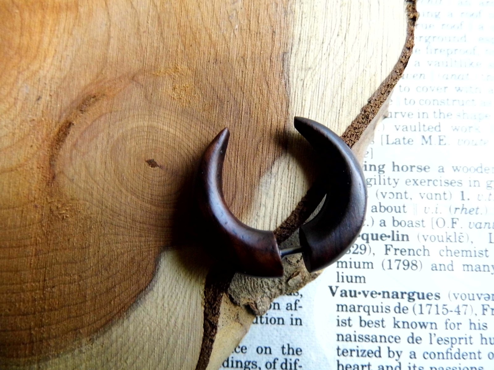 HANDMADE WOOD EARRING Organic Hook Fake Gauge Dark Brown Wooden Stretcher UNISEX