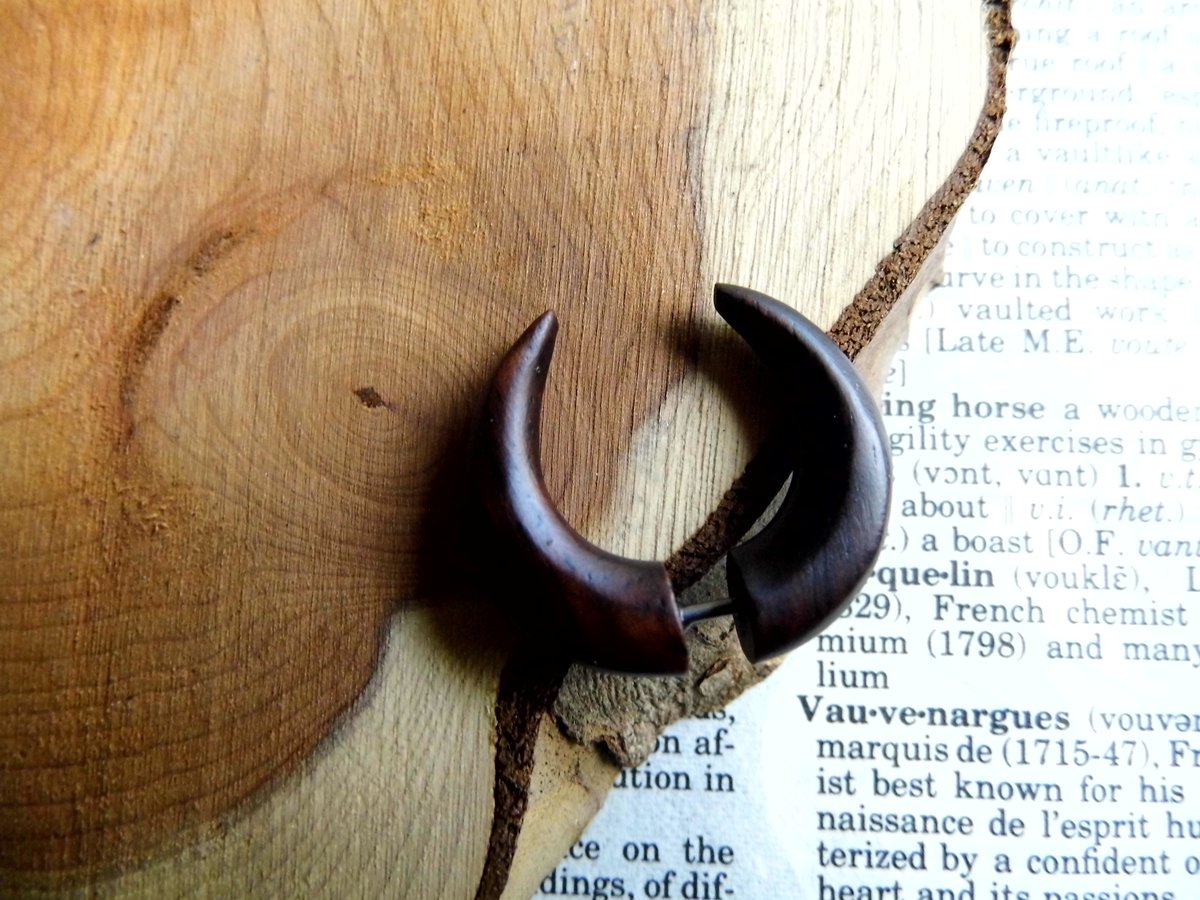 Crescent Moon Tribal Wood Earring Faux Plug