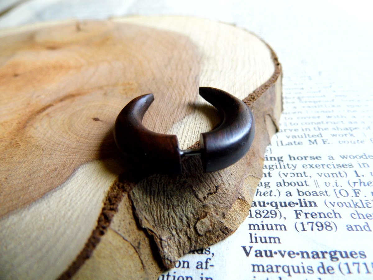 Crescent Moon Tribal Wood Earring Faux Plug