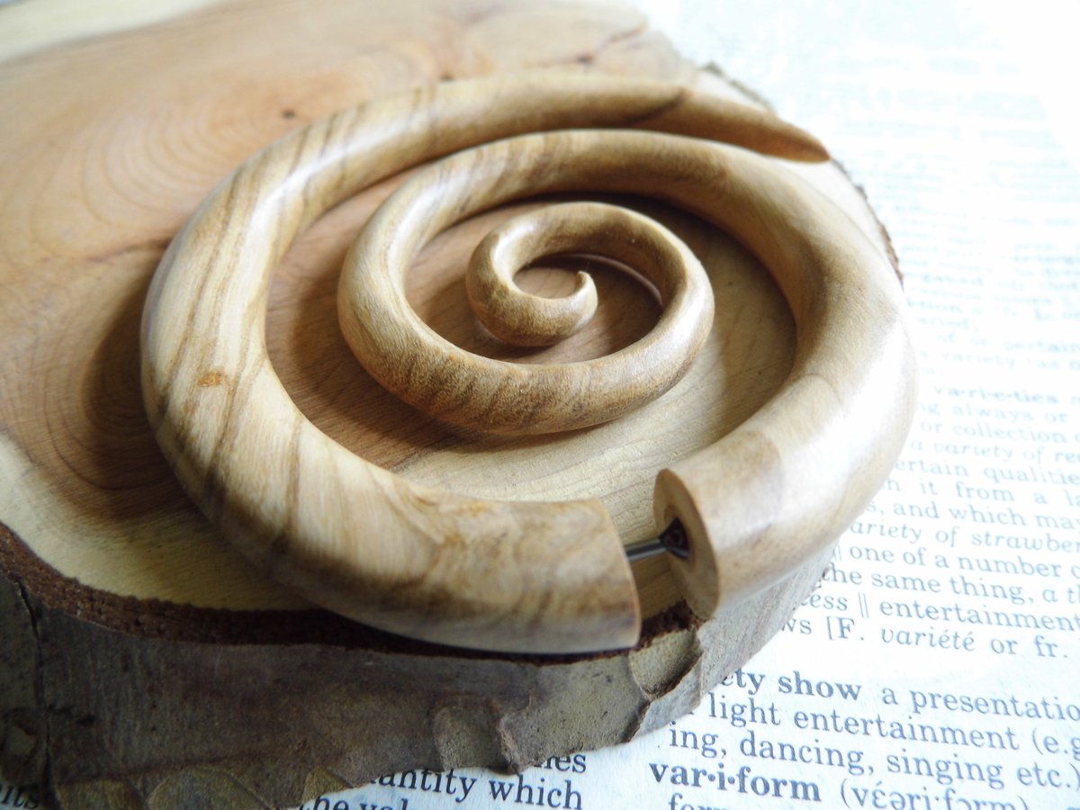 Huge Olive Wood Spiral Earring Hoop Faux Gauge