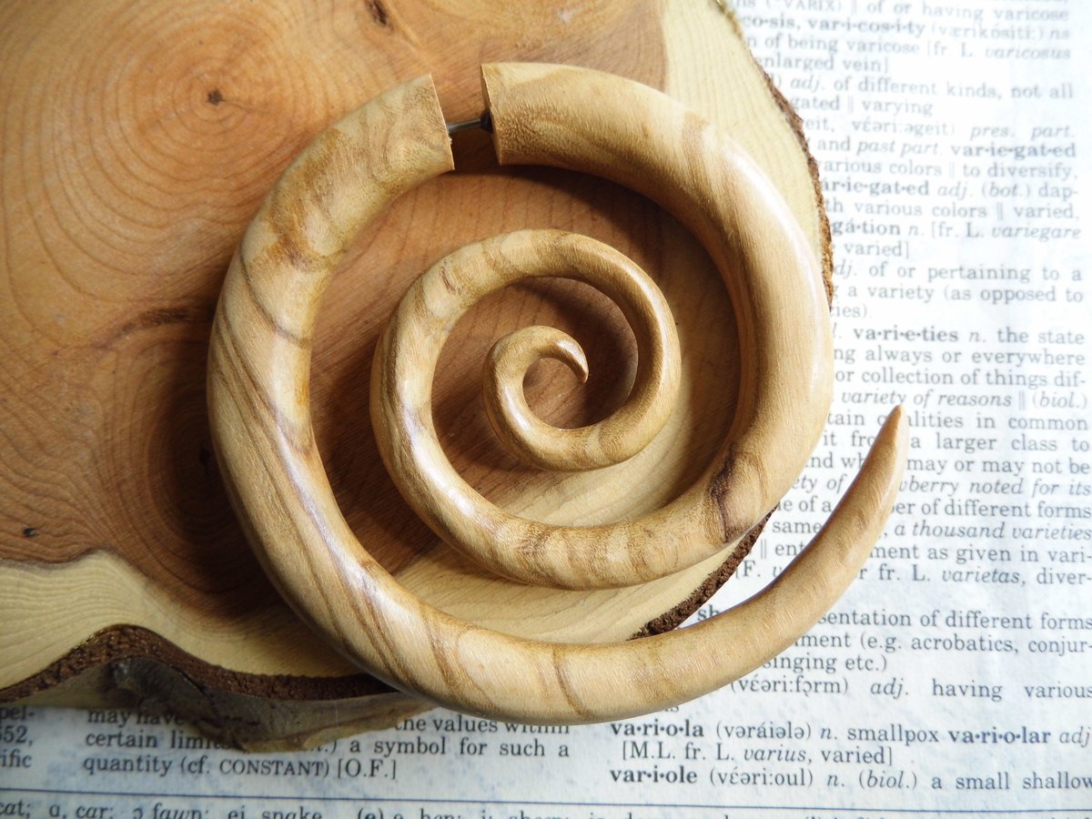 Huge Olive Wood Spiral Earring Hoop Faux Gauge