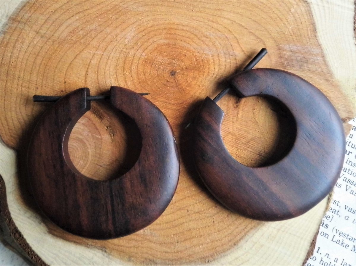 Large Round Earrings Brown Wooden Hoops 