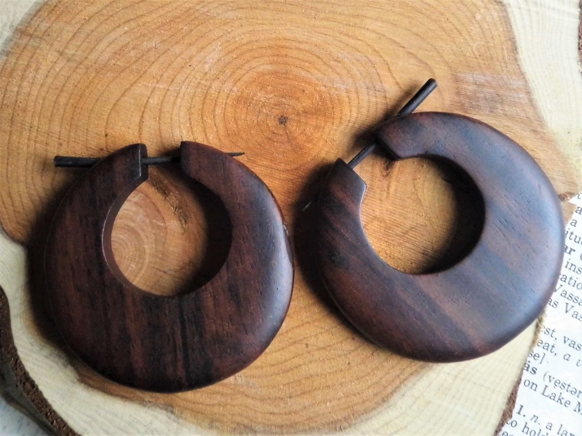 Large Round Earrings Brown Wooden Hoops