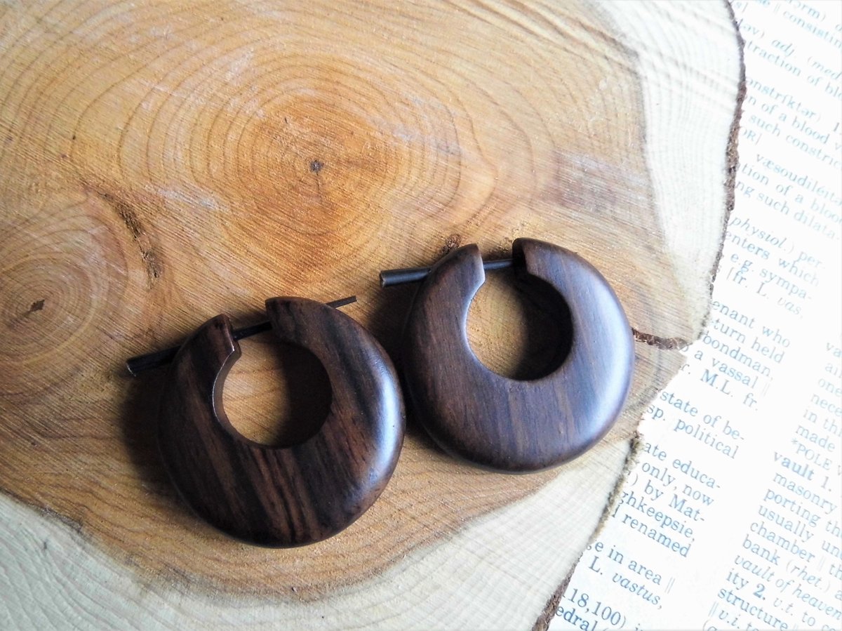 Wooden Hoops Earrings Small Round Deep Brown 