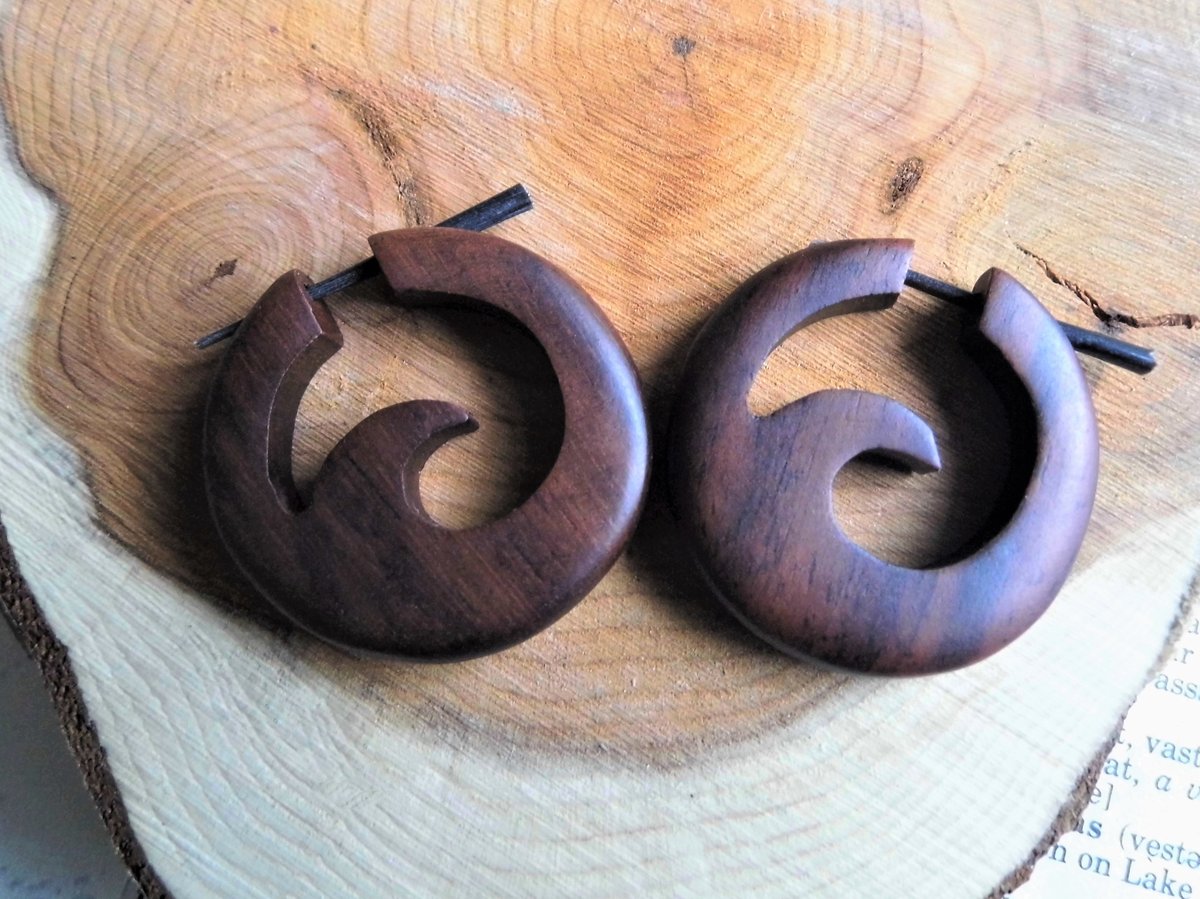 Small Wood Hoop Ocean Wave Earrings