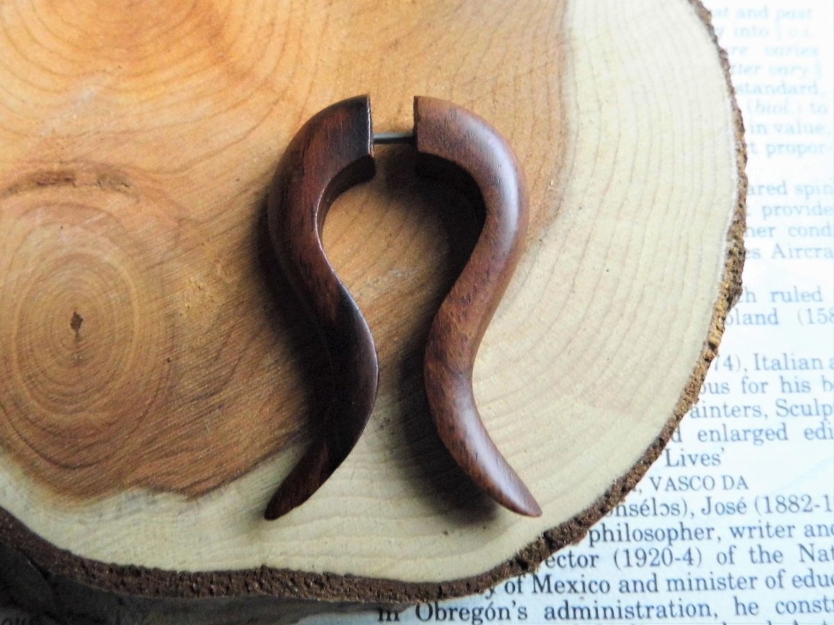 Faux Gauge Wooden Earring Brown Crescent