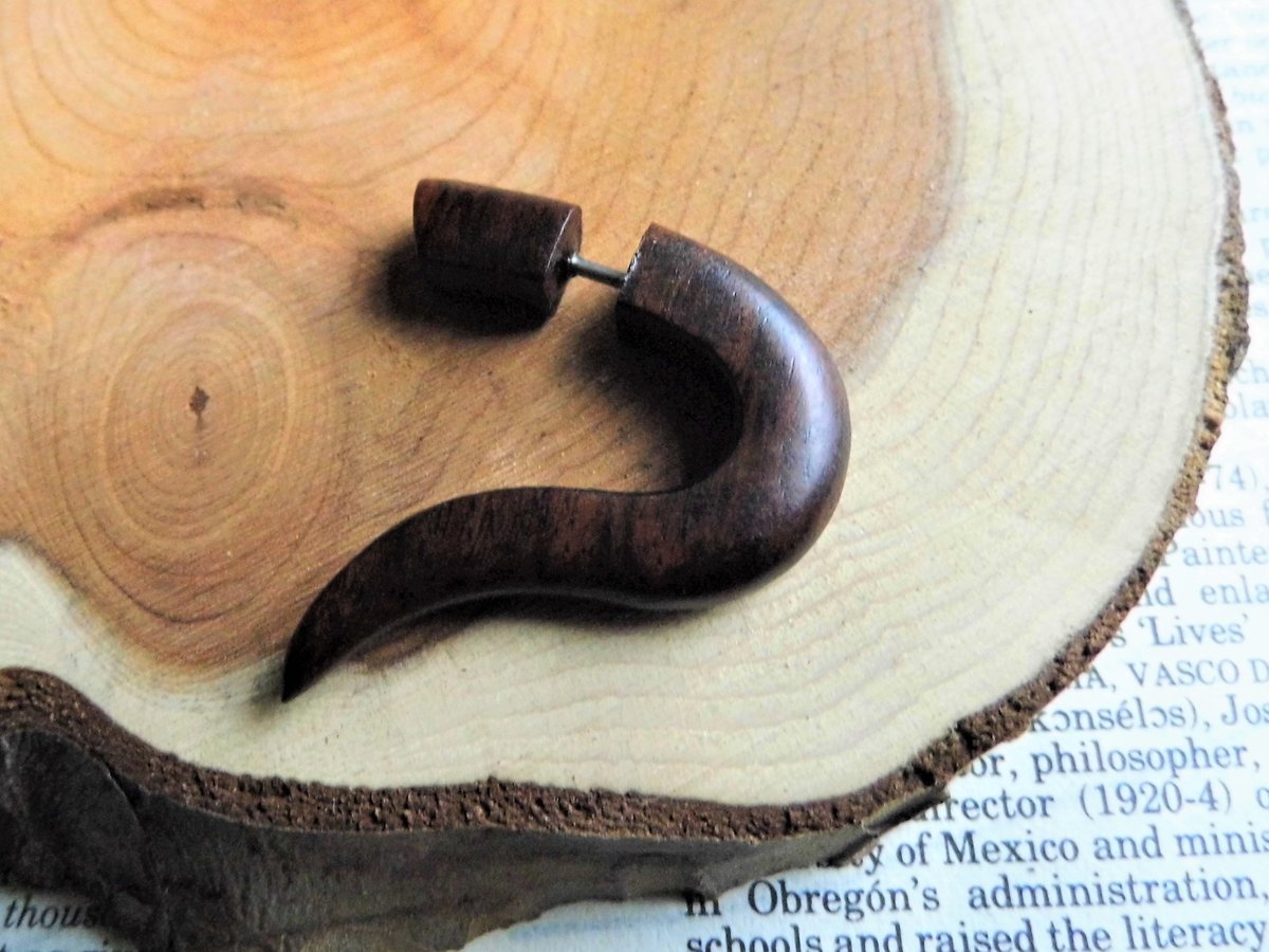 Brown Fish Hook Faux Gauge Wood Earring 