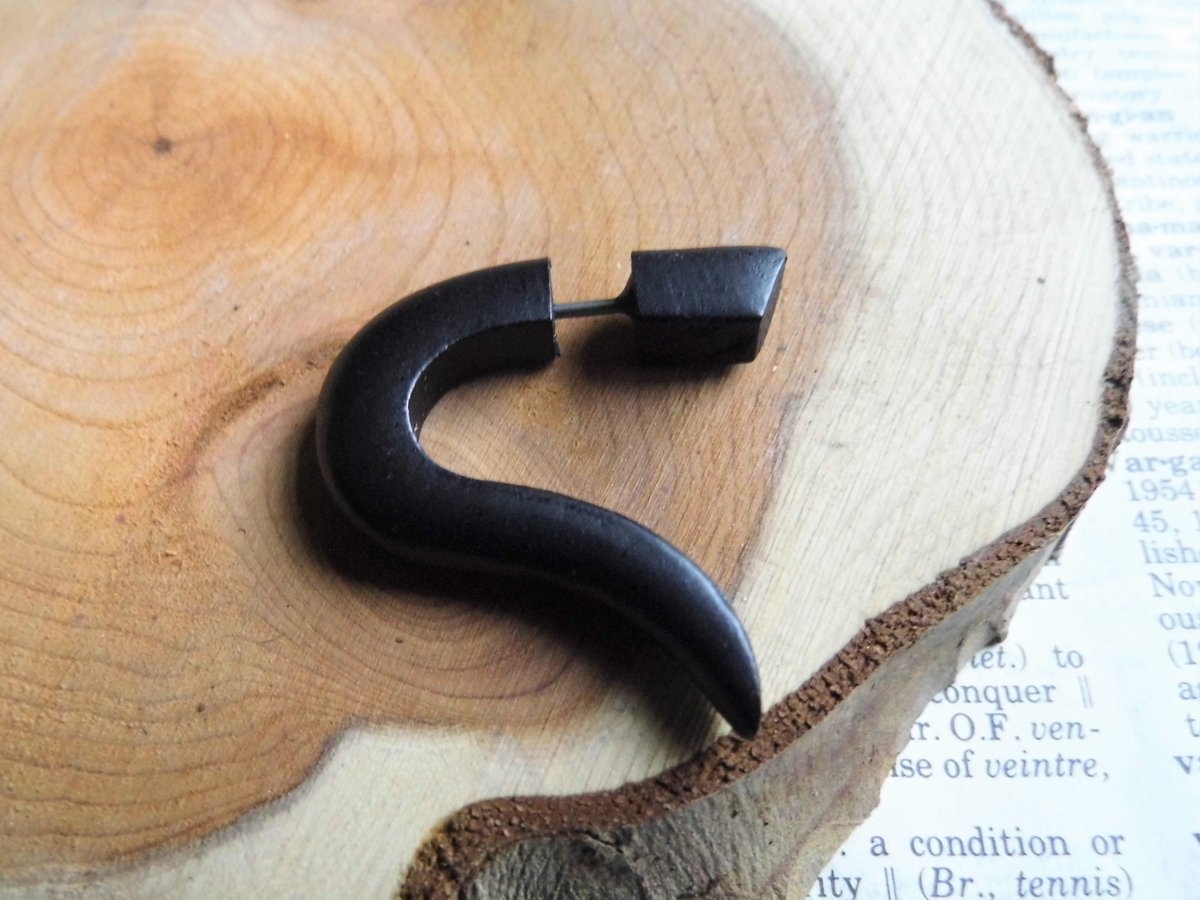Black Fish Hook Faux Gauge Wood Earring, Tan & Olive