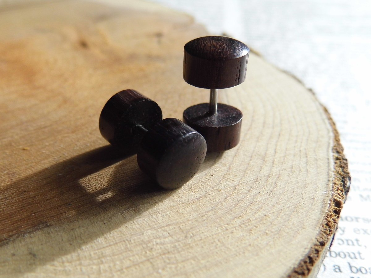 Deep Brown Wood Faux Plugs Gauges Earrings