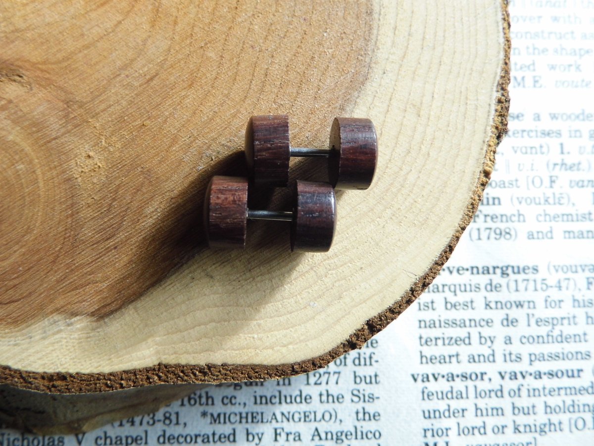 Deep Brown Wood Faux Plugs Gauges Earrings