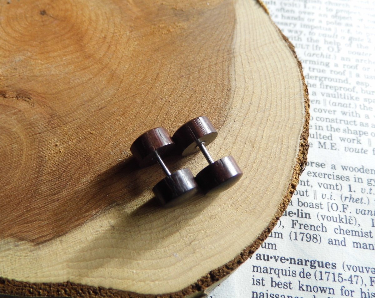 Deep Brown Wood Faux Plugs Gauges Earrings