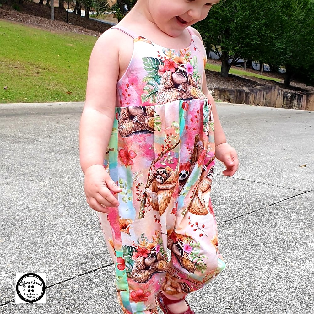 CLEARANCE Pink Woodlands Print Snap Shoulder Long Leg Romper