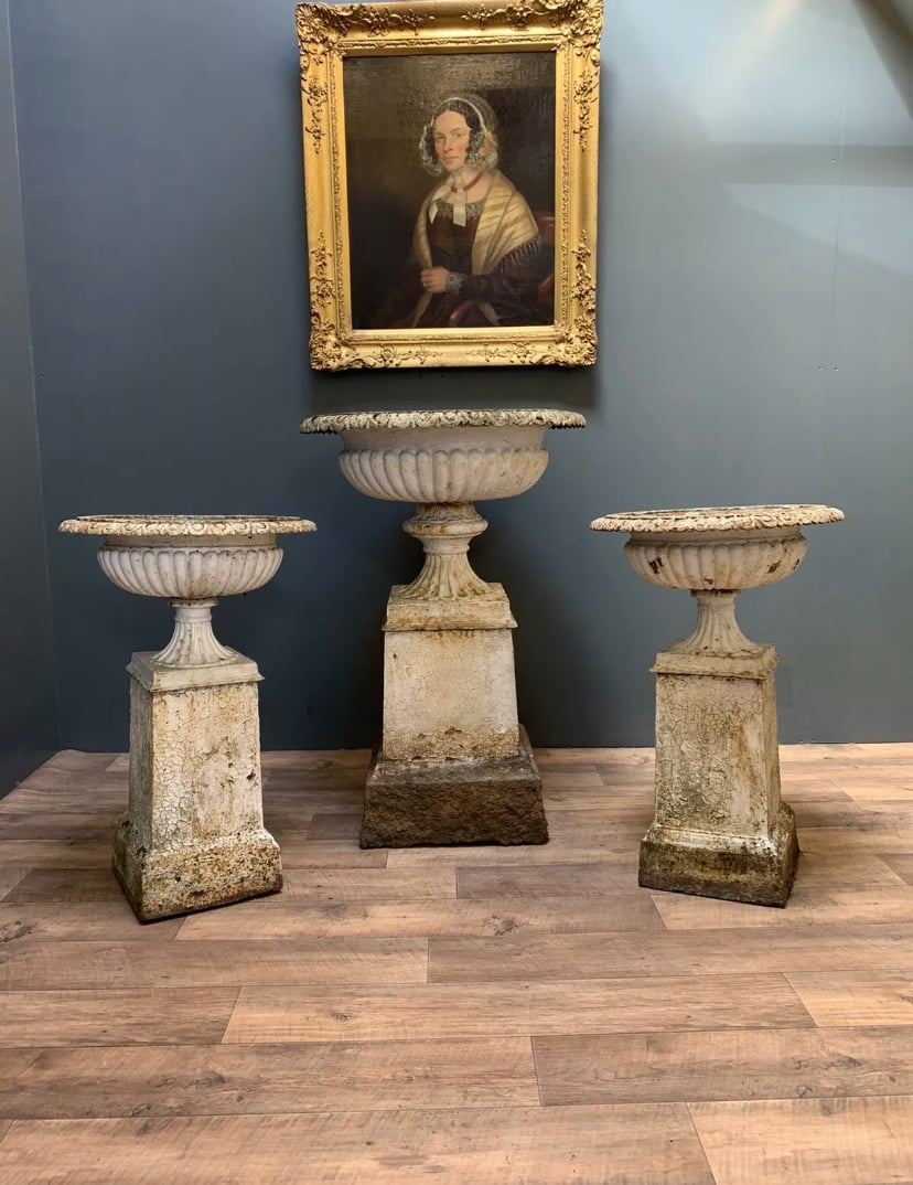 Image of Original Antique Victorian Cast Iron Urns, Garden 19th Century