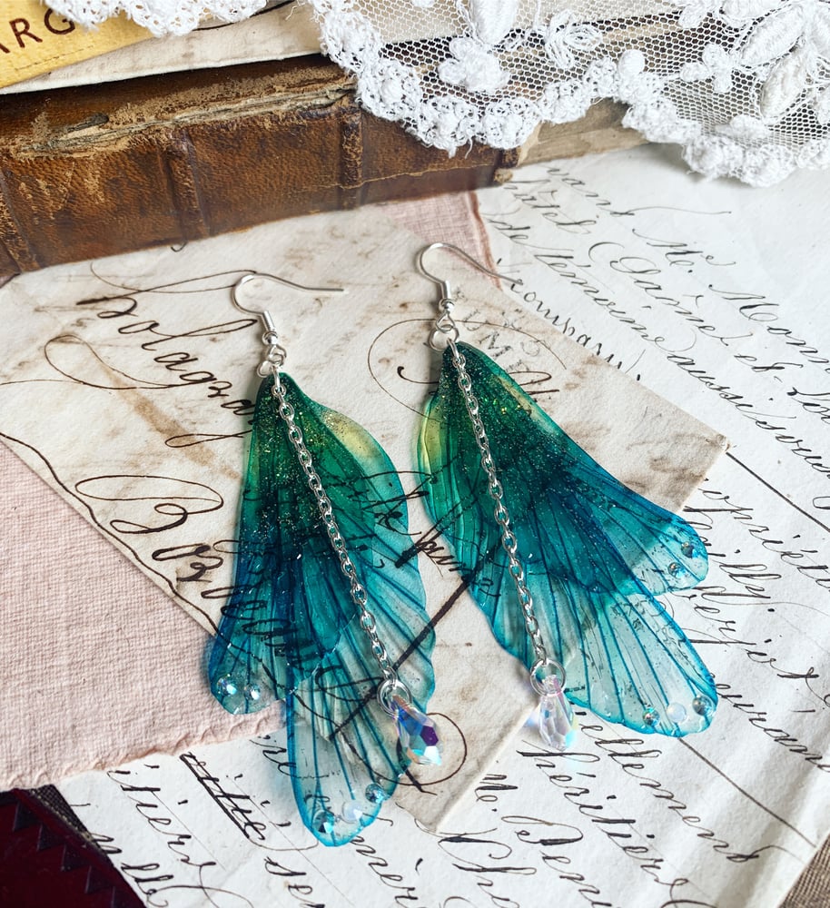 Image of Rather pretty large "Blue Rainbow Faerie wing earrings"
