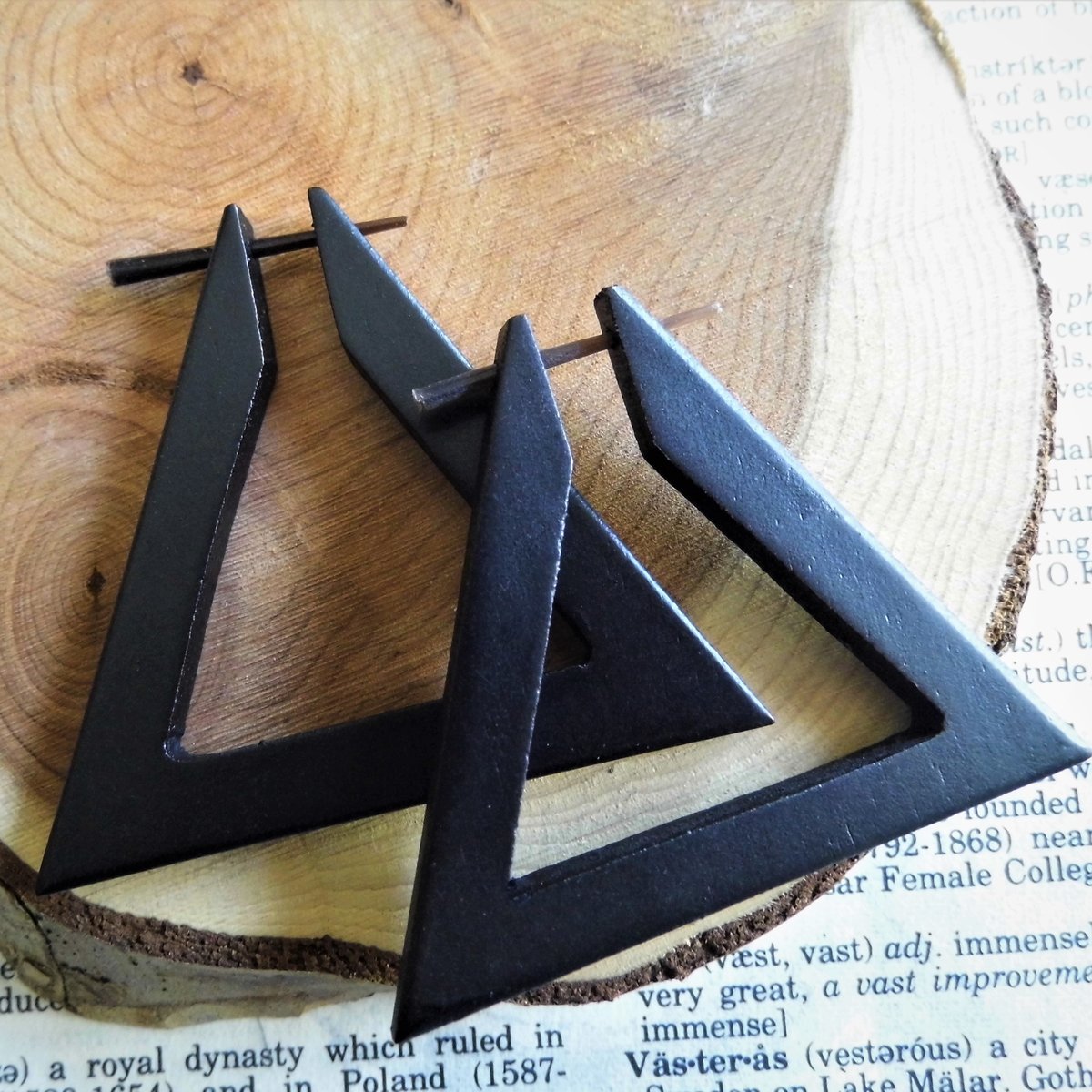 Womens Black Wood Hoops Earrings Large Triangle