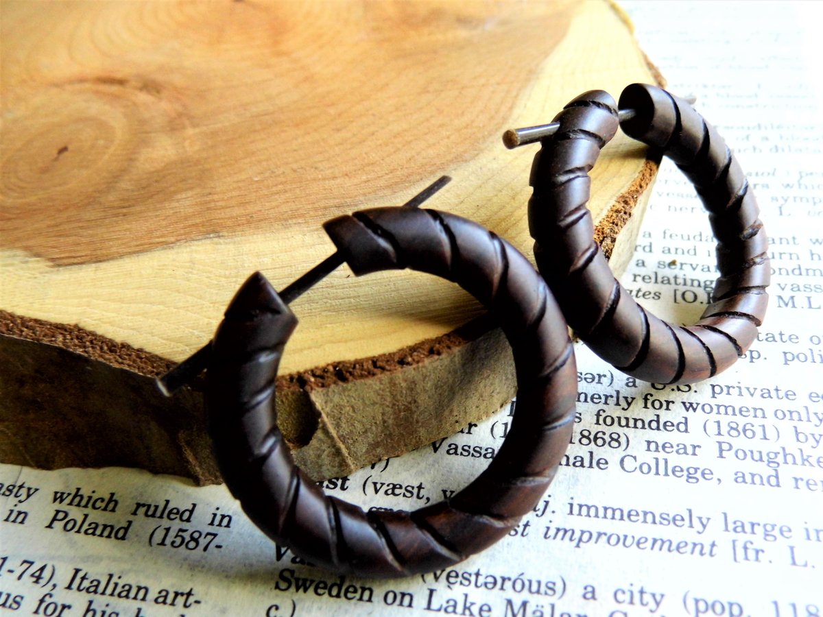 Wood Hoop Earrings Deep Brown Hand Carved