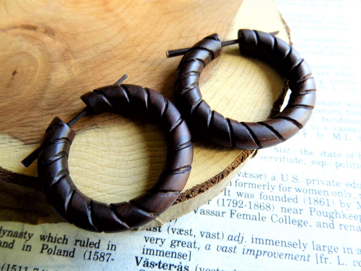 Wood Hoop Earrings Deep Brown Hand Carved