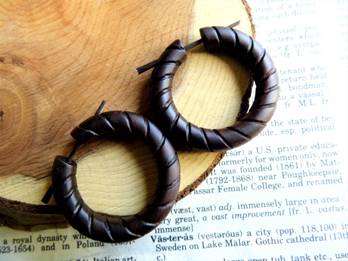 Wood Hoop Earrings Deep Brown Hand Carved