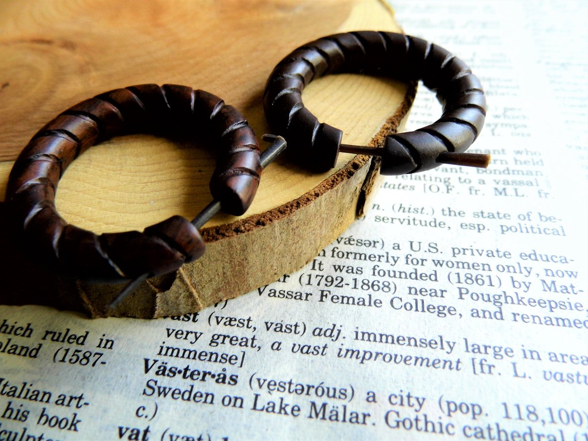 Wood Hoop Earrings Deep Brown Hand Carved