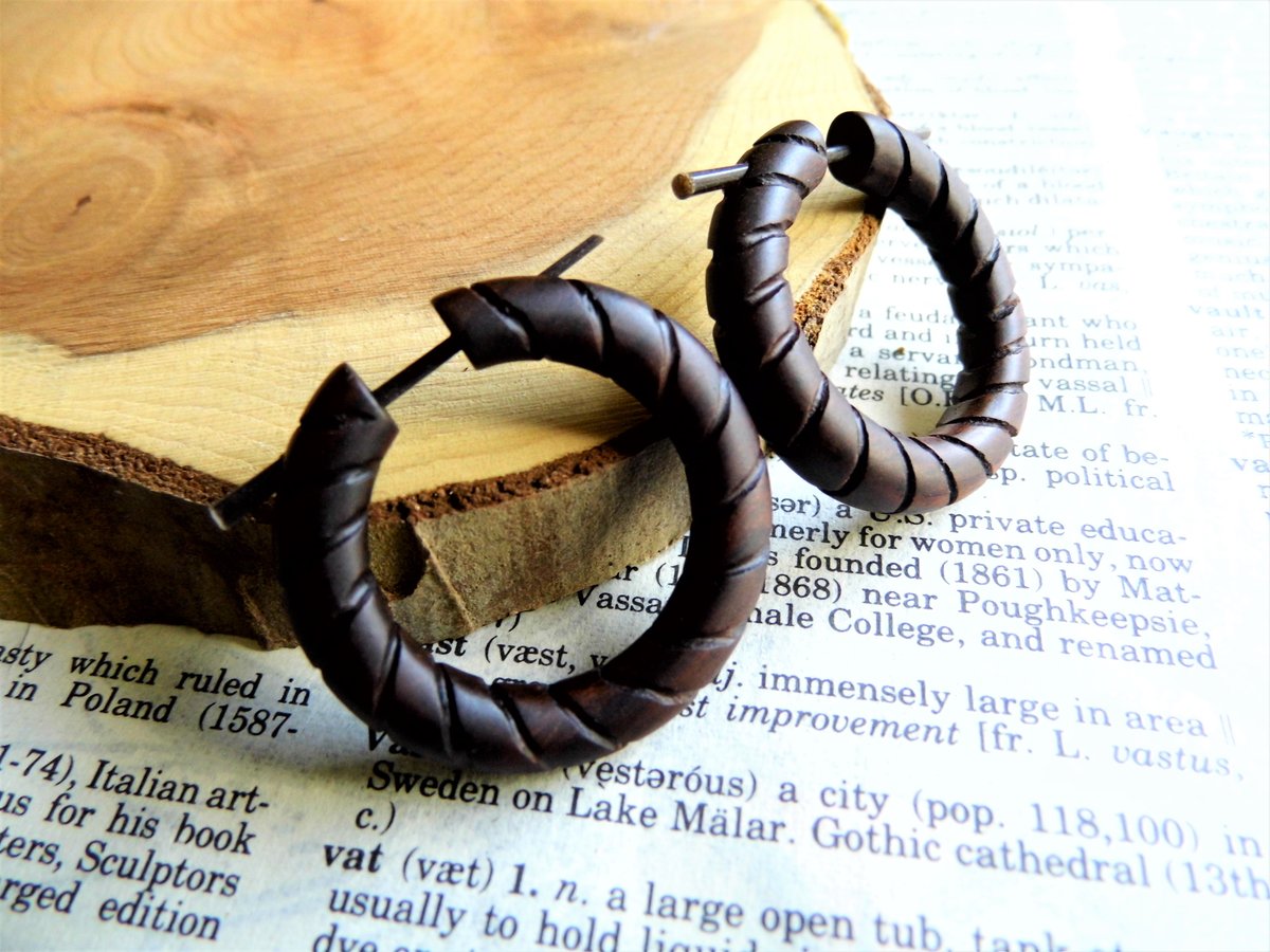 Wood Hoop Earrings Deep Brown Hand Carved