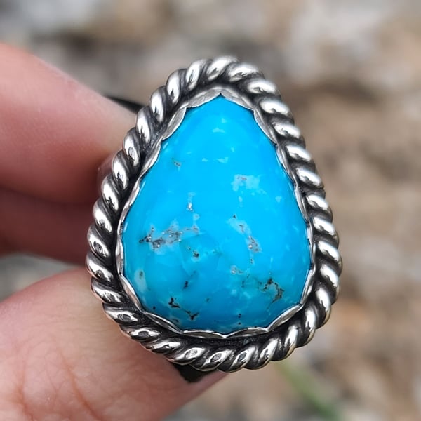 Image of Medium Bright Blue Kingman Turquoise Handmade Sterling Silver Ring 