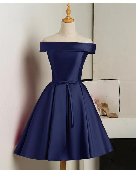 Lovely Navy Blue Short Party Dress, Off Shoulder Satin Prom Dress