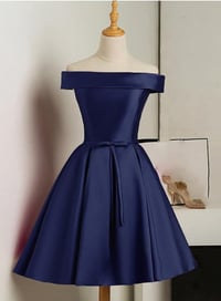Image 2 of Lovely Navy Blue Short Party Dress, Off Shoulder Satin Prom Dress