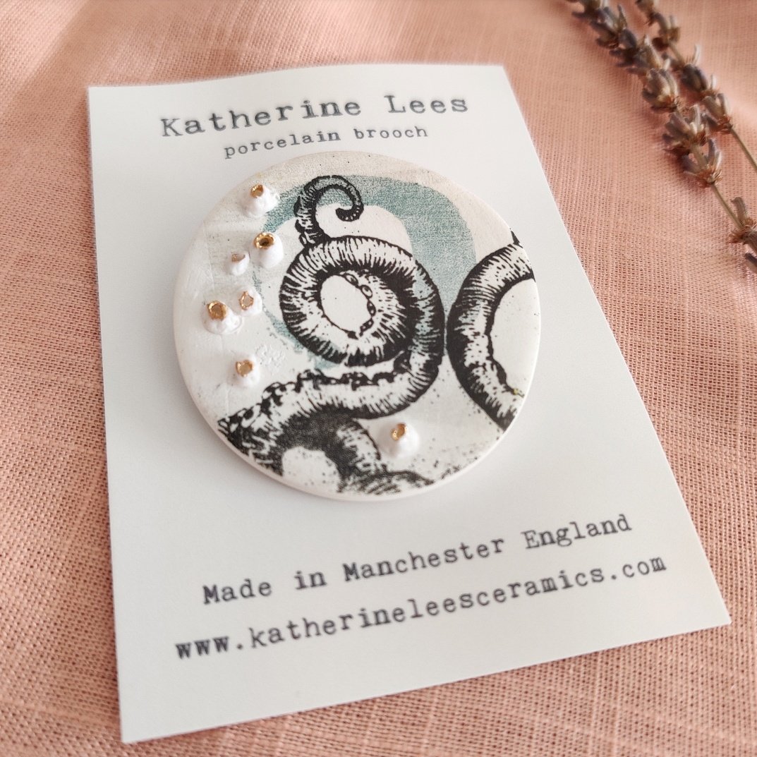 Large screen printed porcelain octopus brooch