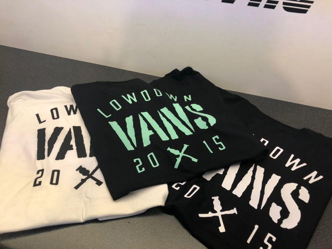 Image of lowdown vans t-shirt with outline writing on the front with ldv logo on the back 