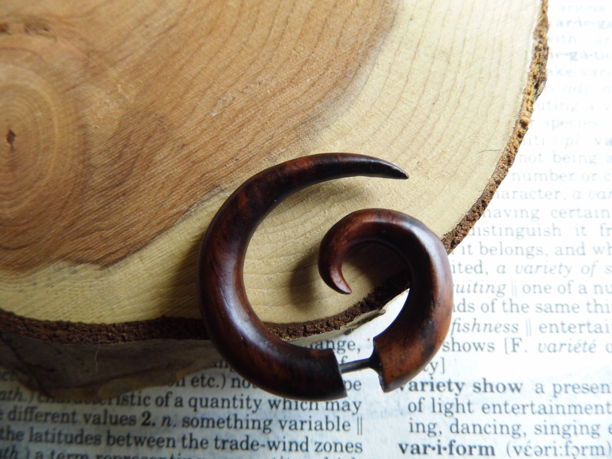 Brown Wood Spiral Hoop Earring Faux Plug
