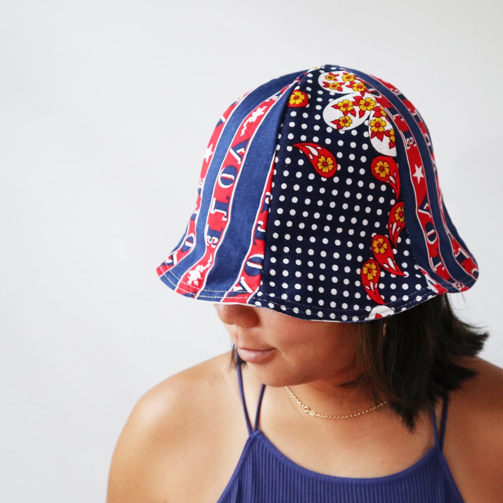 Image of navy blue polka dots vote tween teen adult vintage fabric six panel bucket hat buckethat sunhat